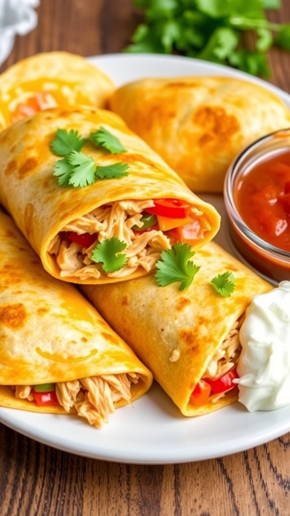 Stuffed chicken tortillas on a plate with salsa and sour cream, garnished with cilantro.